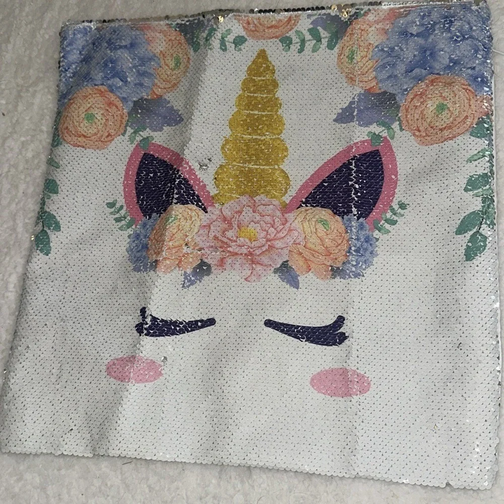Unicorn Reversible Sequin Pillow Cover Floral Gold Horn White Sparkle Sham 15x15